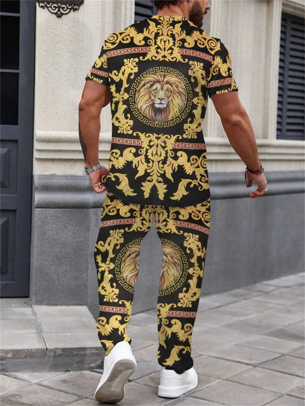 Summer Men's Short Sleeve And Trousers Lion Print Luxury Retro Casual Style Men's Suit Trend Pants And Short Sleeve 2 Piece Set