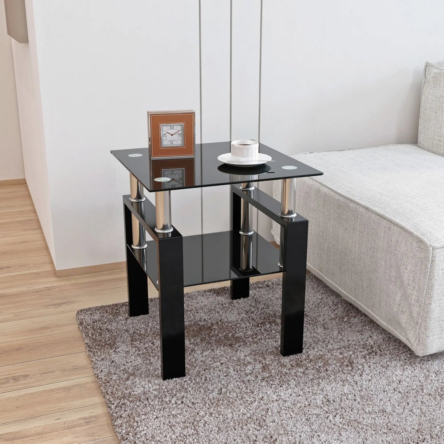 1-piece modern tempered glass coffee table, coffee table, living room square table, transparent/black/white