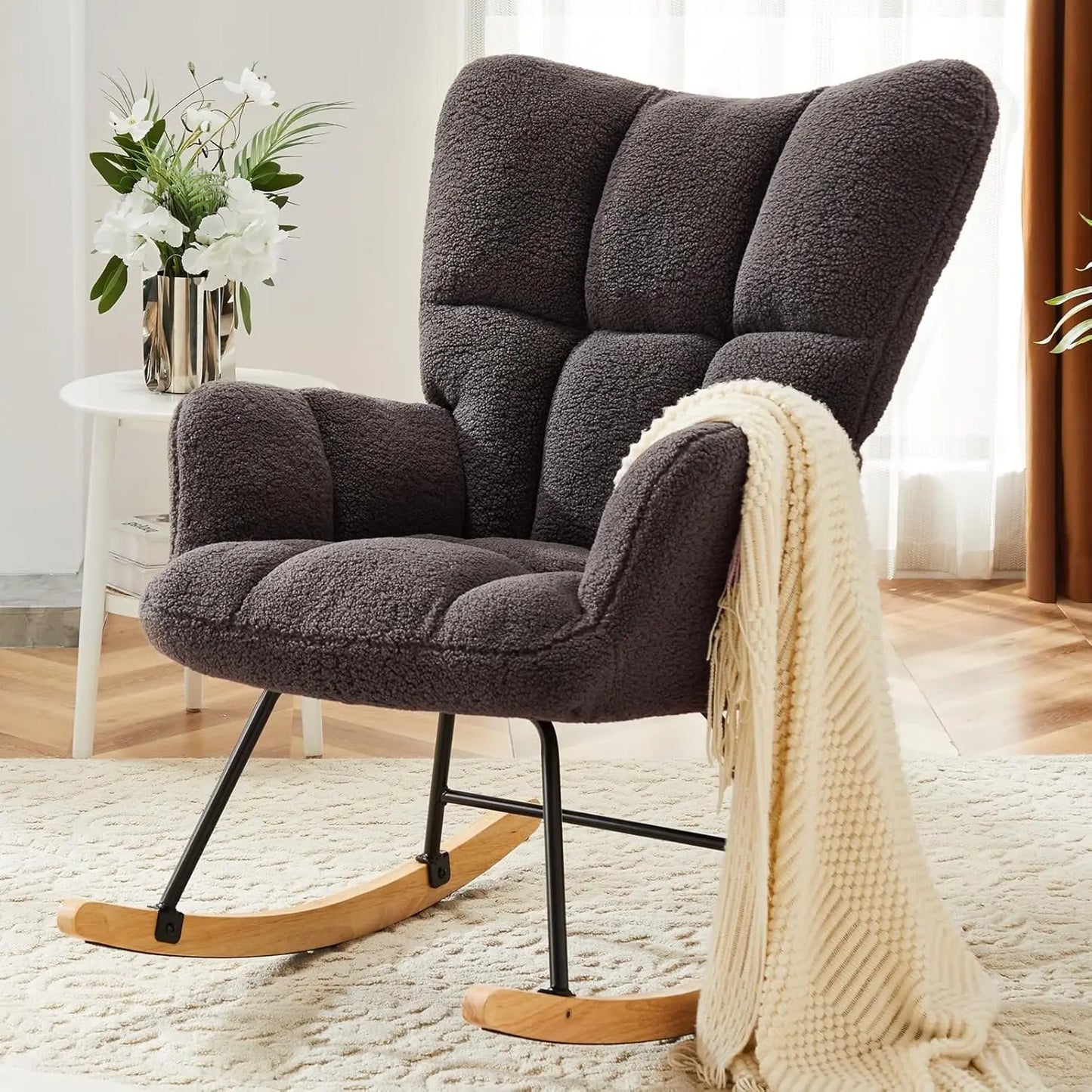 Modern Nursery Rocking Chair, Upholstered Glider Chair with High Backrest, Rocker Accent Armchair with Solid Wood Legs