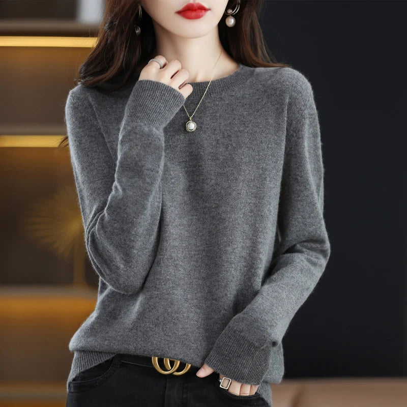 100% pure wool cashmere sweater women's O-neck pullover casual knit top autumn and winter women's coat Korean fashion