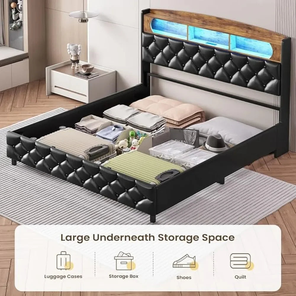 Lift Up Storage Bed Frame, Queen Platform Bed with Storage,LED Lights,Charging Station, Upholstered Storage Headboard,Bed Bases