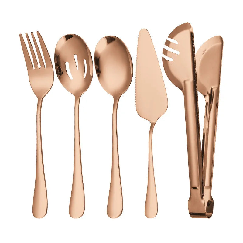 5Pcs Golden Thicken Stainless Steel Public Cutlery Set Western Service Spoon Colander Fork Cake Shovel Tongs Kitchen Tableware