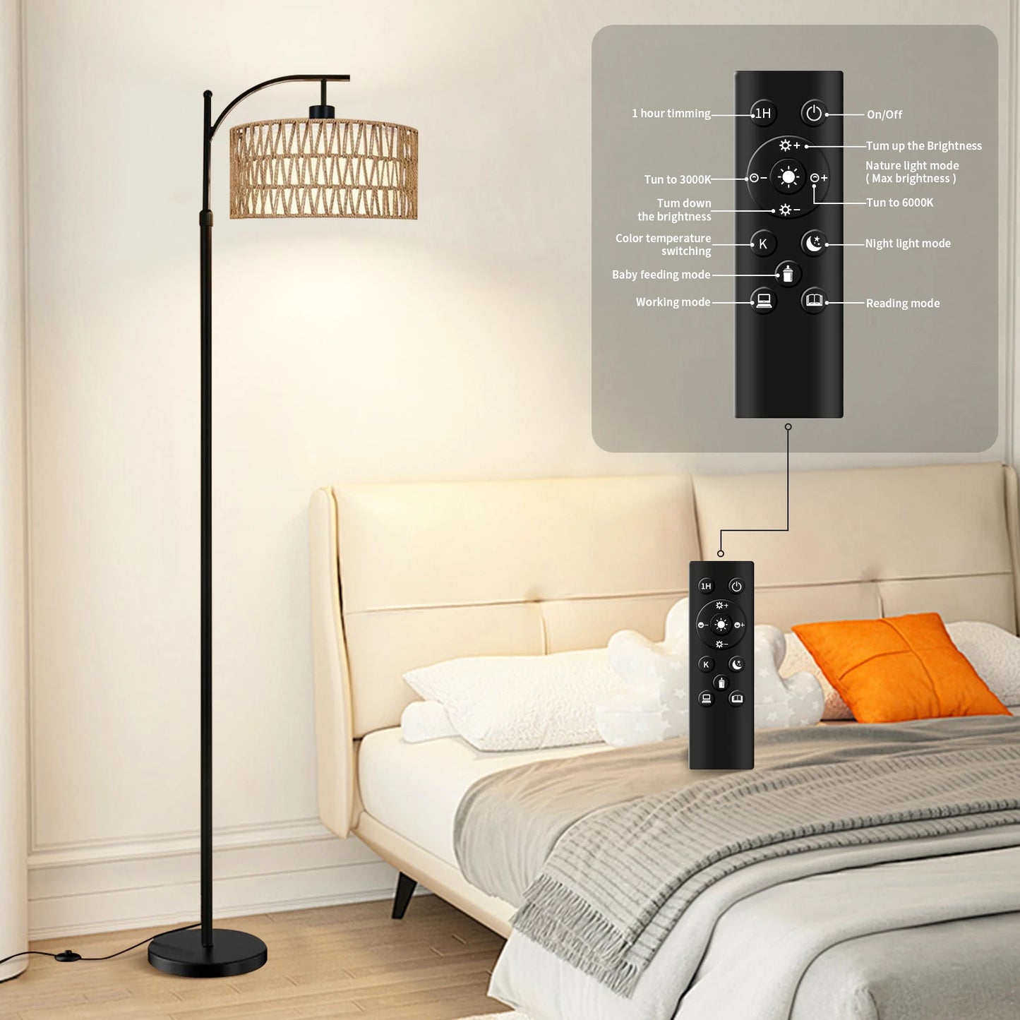 Arc Floor Lamp for Living Room Boho Standing Lamp with Rattan & Fabric Shades with 3 Color Temperature  Adjustable Tall Lamp
