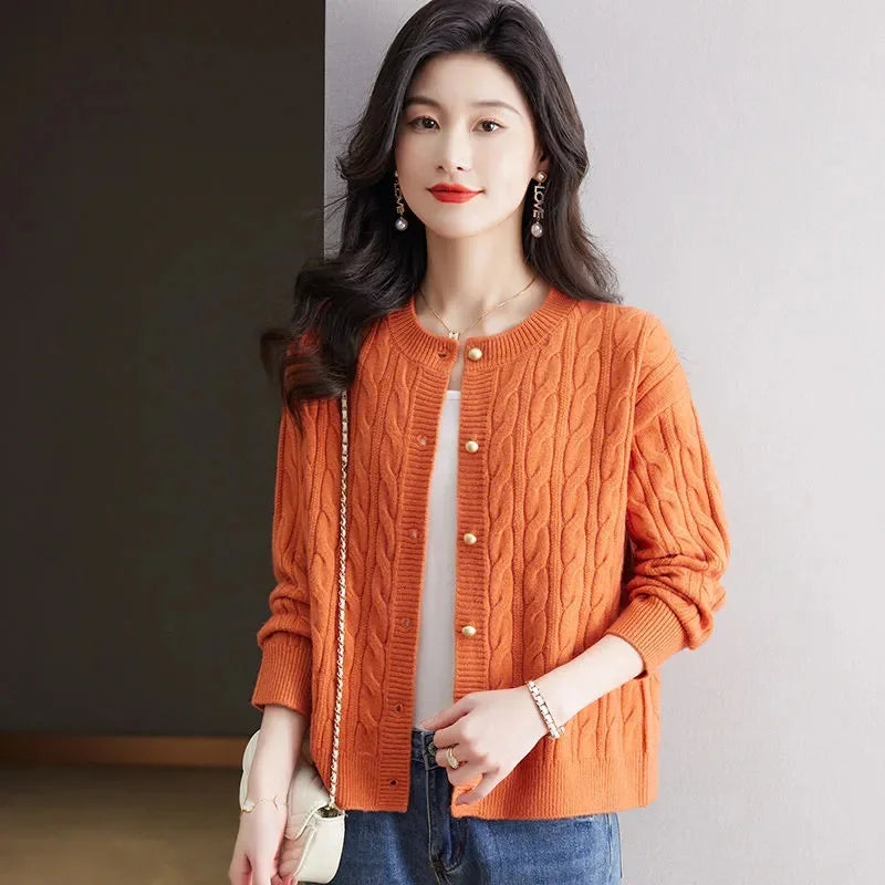 100% Mink Cashmere Cardigan Sweater Women's Knitted O-Neck Long Sleeve Top Casual Loose fitting Clothing Korean Fashion Pullover