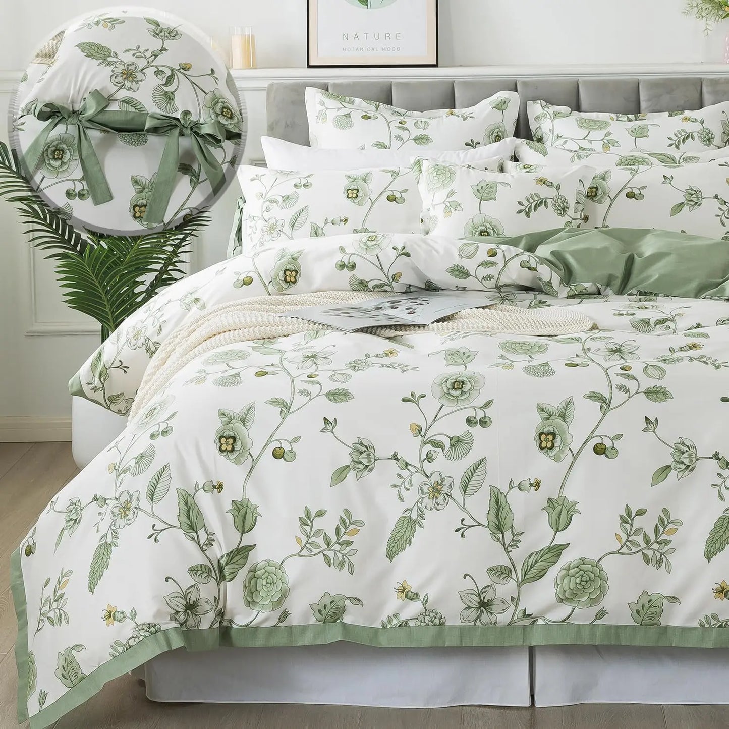 Floral Duvet Cover Queen 100% Cotton Blue Green Farmhouse Bedding Super Soft Reversible Striped Country Bed Purple Hydrangea