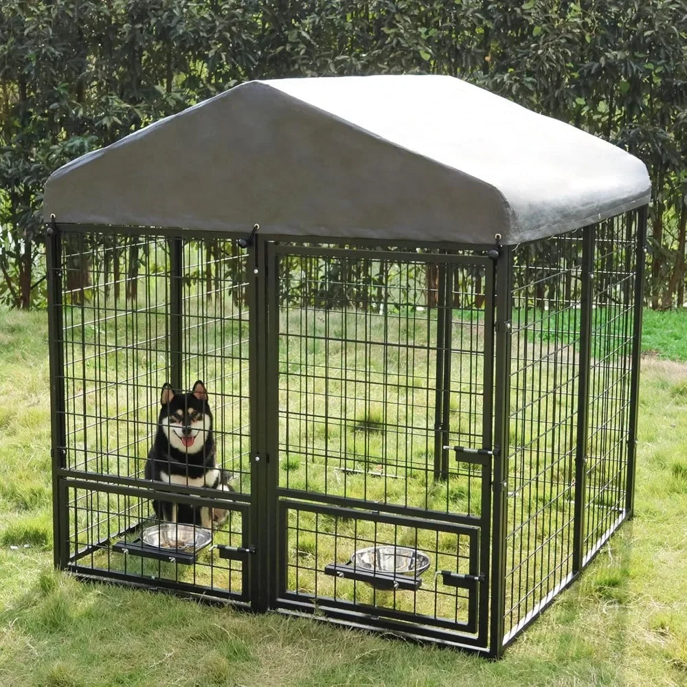 Dog Kennel Outdoor with Roof and Rotating Bowl Holders, Large Metal Dog Enclosure, Heavy Duty Dog House Built