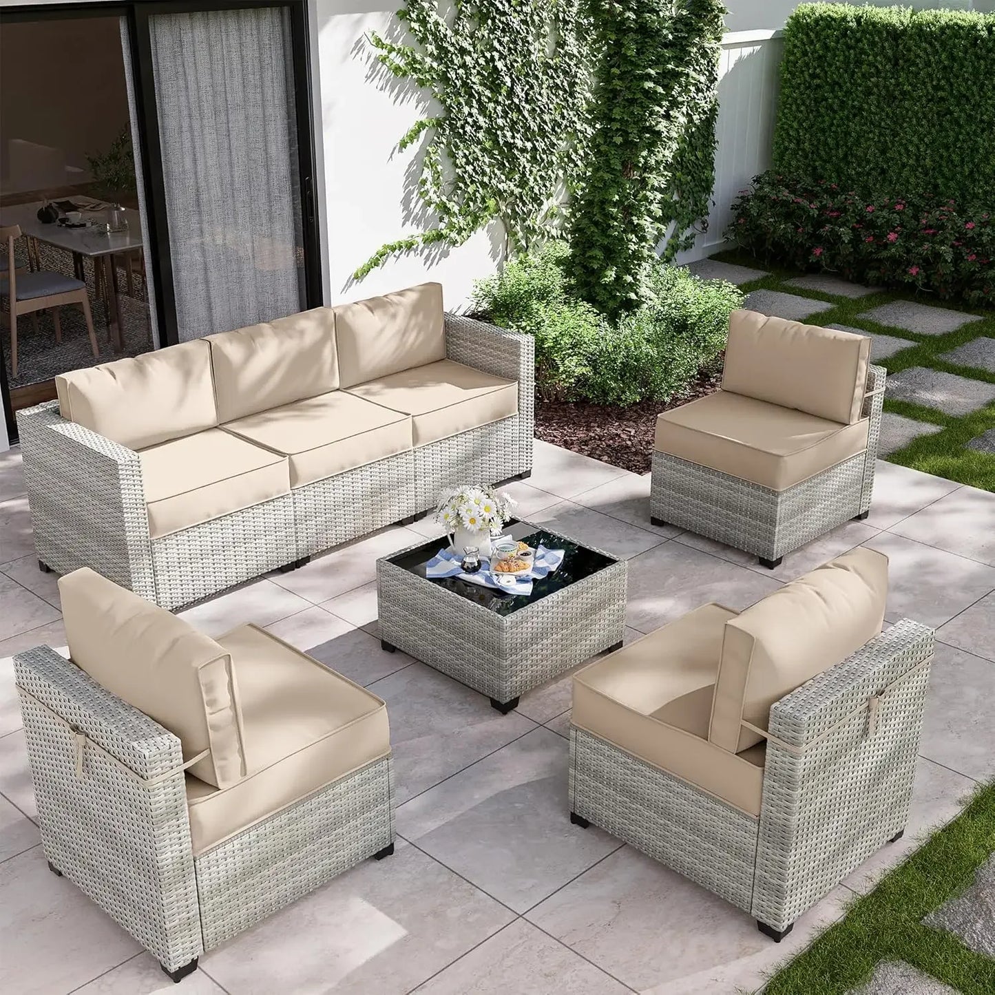 8-Piece Patio Furniture Set With Fire Pit Table, Seat Cushions Light Grey Outdoor Modular Wicker Conversation Set