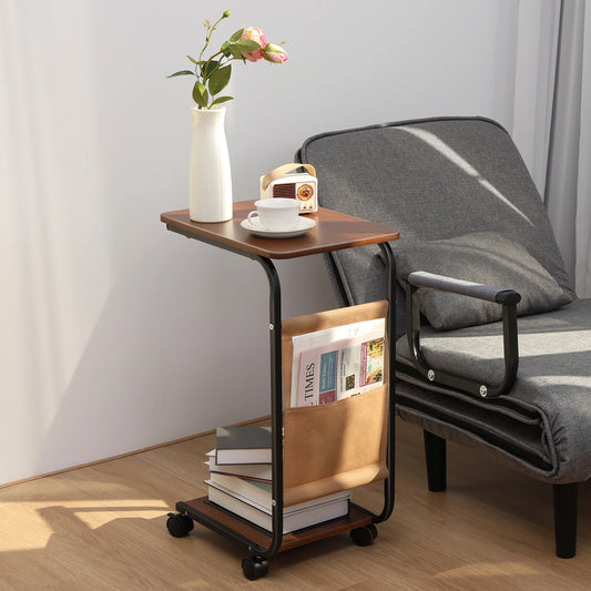 Rectangle Side Table, Night Stand with 2-Tier Storage Shelf and Fabric Storage Bag, Living Room Small Coffee Table