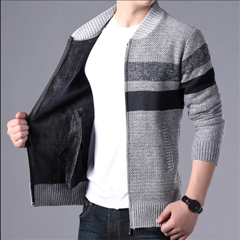 New Fashion Striped Knitted Cardigan Men Winter Fleece Warm Sweater Jacket Mens Daily Casual Knitting Sweater Men Slim Cardigans
