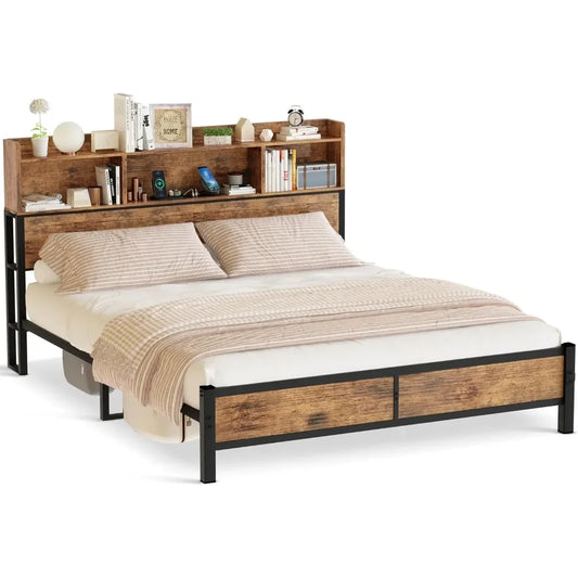 Bed Frame with Storage Headboard and Charging Station,Metal Platform Bed Queen with Bookcase Storage,No Box Spring Needed