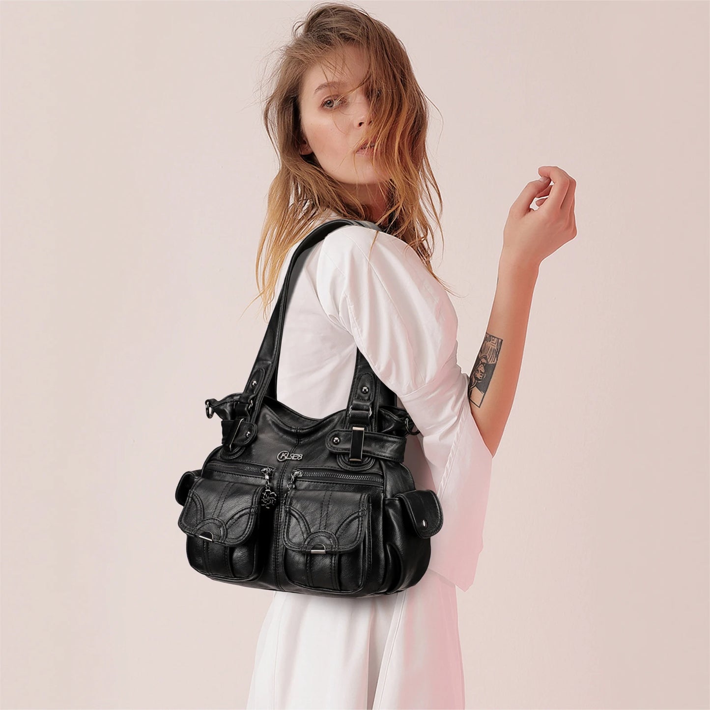 KL928 Purses for Women Small Hobo Shoulder Bags Soft Vegan Leather Handbags Multi Pockets Tote Bag