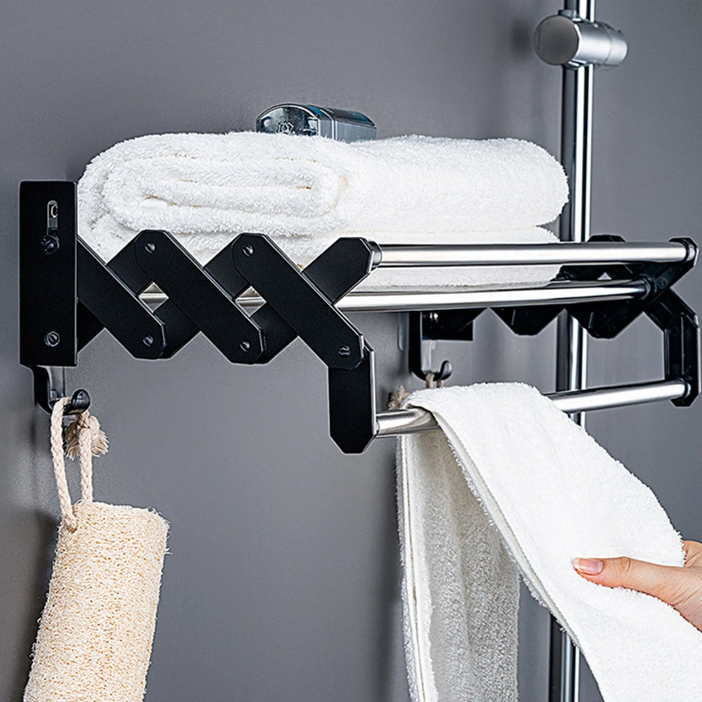 Thickened Stainless Steel Black Towel Rack for Bathroom Retractable Wall Mounted Punch- Free Towel Storage Drying Rack Towel