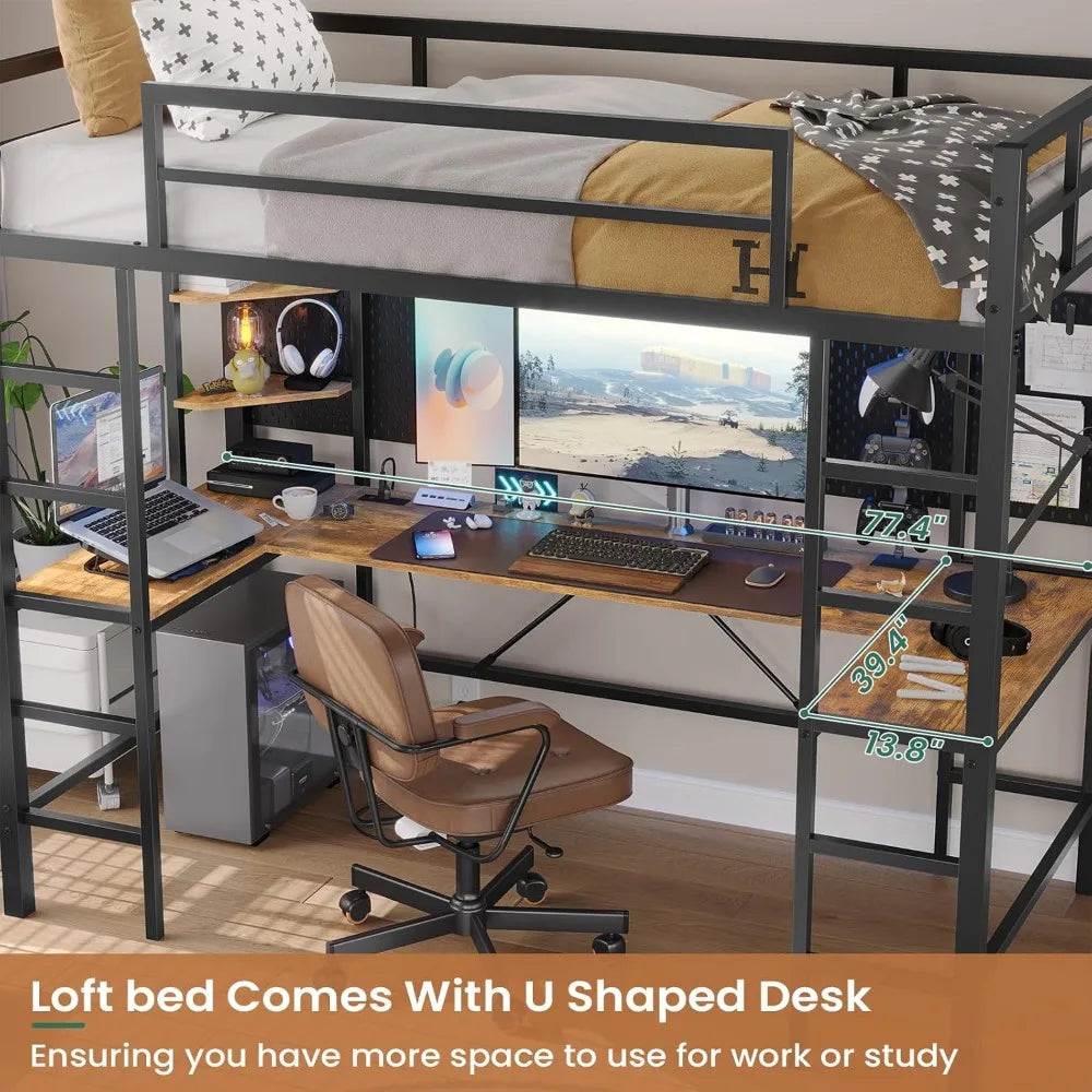 Twin Size Loft Bed with U Shaped Desk and Led Lights Twin LED Loft Metal Bed Frame with Charging Station and Storage Shelves