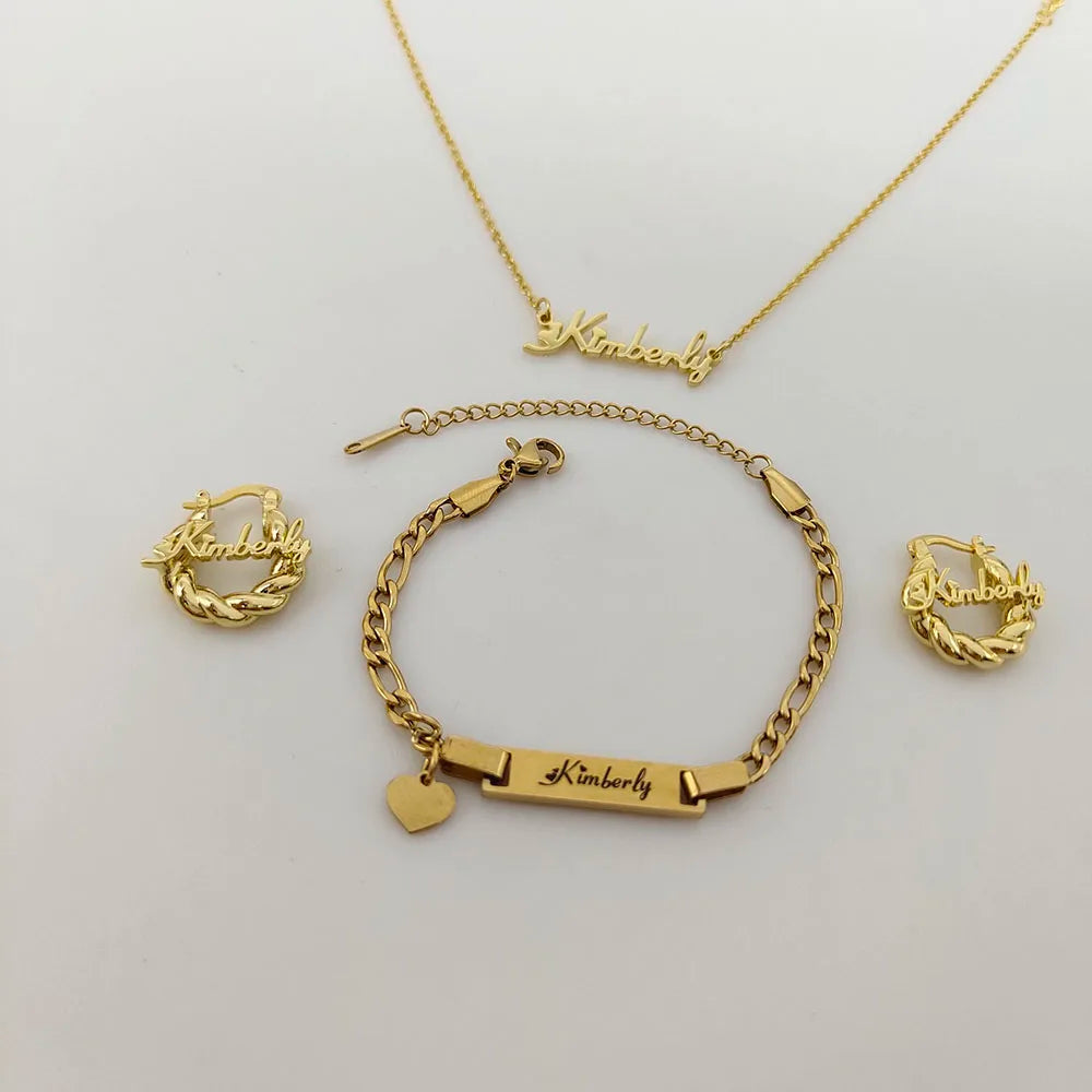 DODOAI Custom Name Jewelry Sets Stainless Steel Letter Jewelry Nameplate Necklace/Bracelet/Earring with Twisted Hoop 3 Piece Set