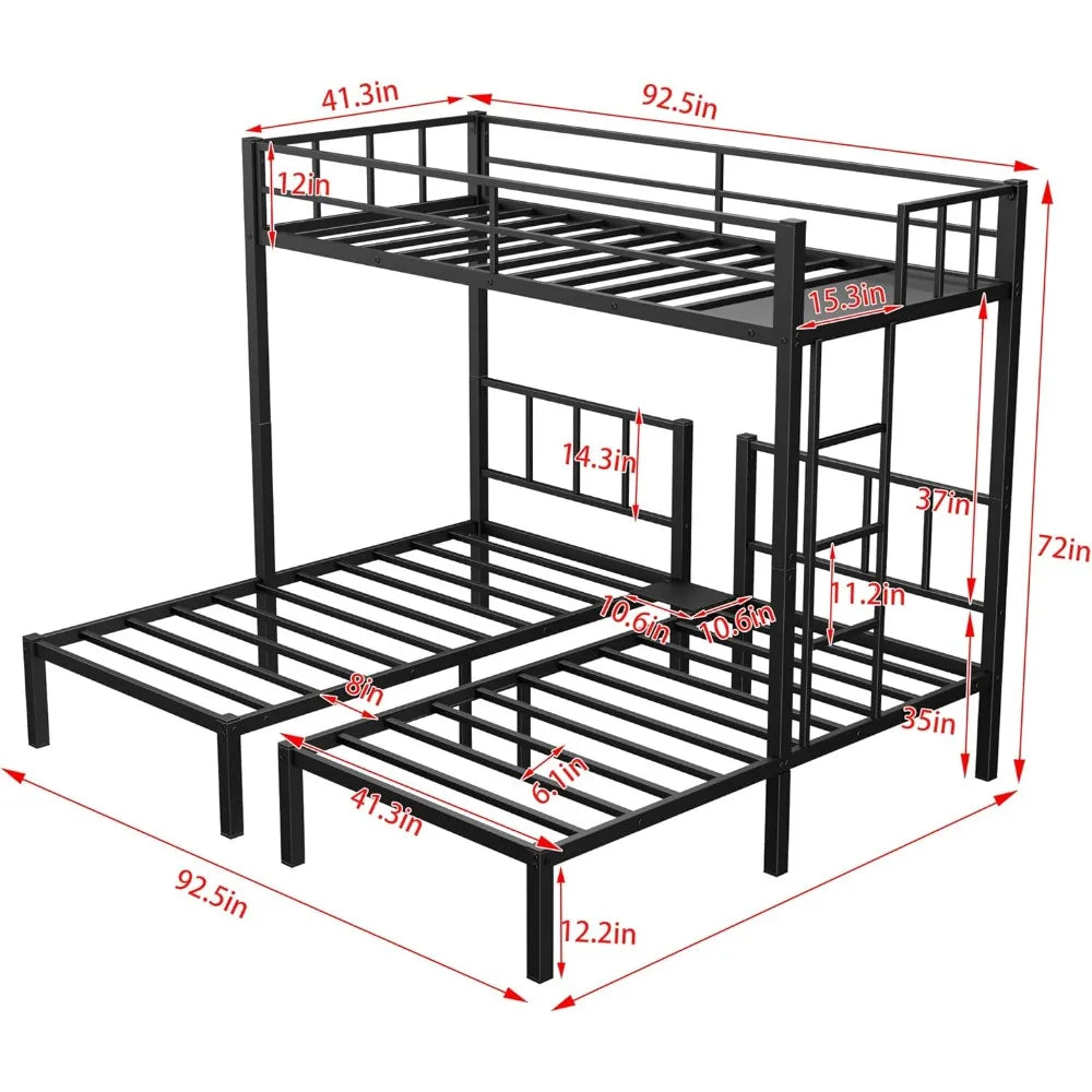 Black Metal Triple Bunk Beds Frame, Twin Over Twin & Twin Bunk Bed with Guardrails, Can Be Separated into 3  Beds for Kids
