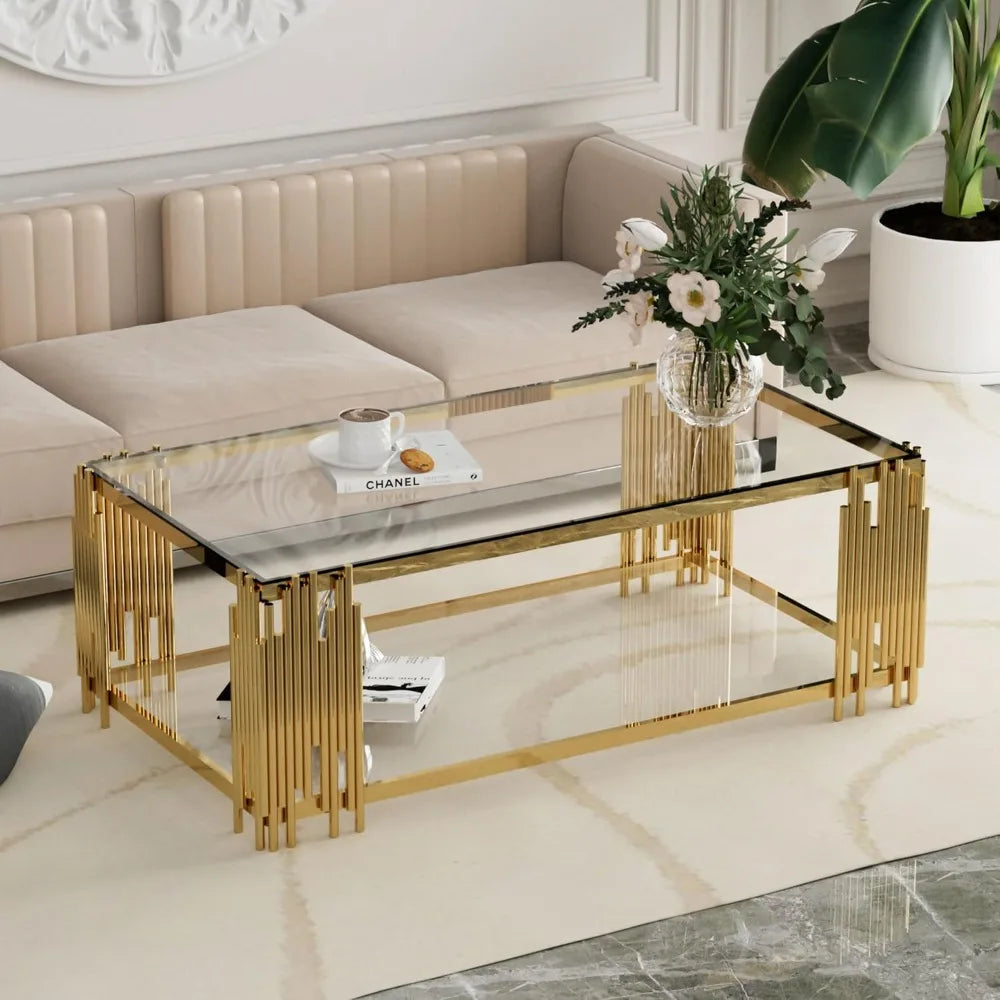 Glass Coffee Table Modern Living Room Table Gold Stainless Steel Metal Leg 51" Rectangular Clear Tempered