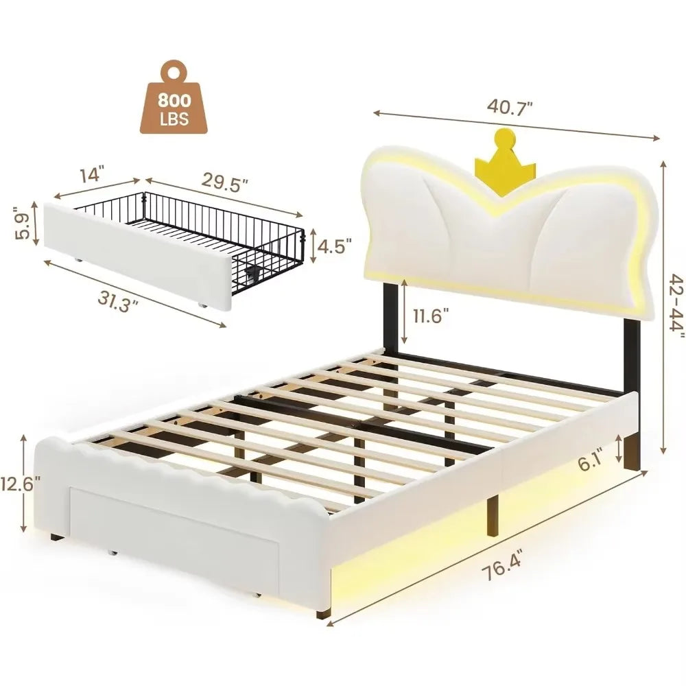bedstead.Twin Bed Frames with LED Lights and Storage Drawer,Upholstered Bed Frame Twin Size with Height AdjustableCrownHeadboard