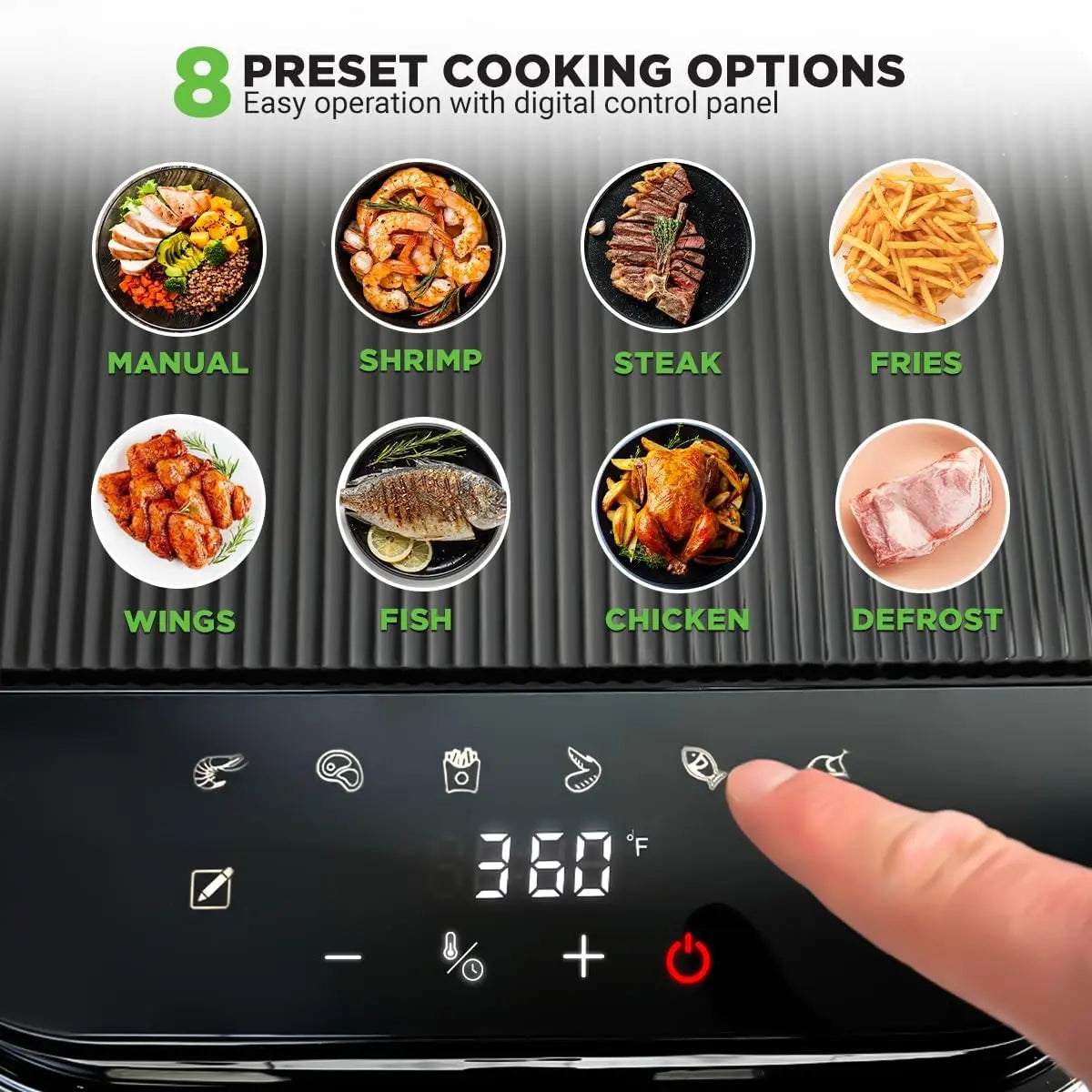 5.8 Quart Air Fryer 8-1 Preset Cook Modes Transparent Fry Bowl for Best Cooking Results Cook Shrimp, Steak, Fries, Wings