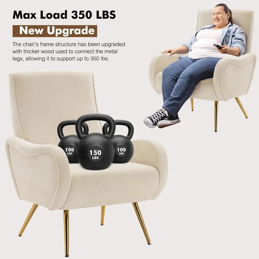 2PCS Upholstered Accent Chair, Chenille Armchair Comfy Reading Chair w/ Thick Cushion & Metal Legs, Leisure Lounge Chair, Beige