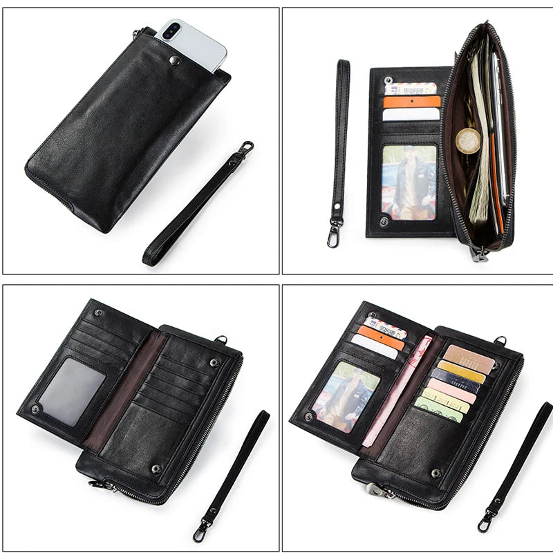 CONTACT'S Wristlet Bag Genuine Leather RFID Cellphone Wallet Men's Clutch Wallets Men Credit Card Holder Male Long Purse Zipper