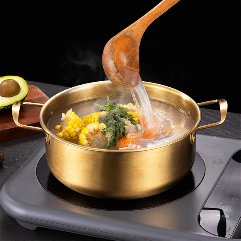 Korean Stainless Steel Instant Ramen Pot with Cover Golden Cookware Double Ears Cooking Pans Camping Noodles Pot Saucepan