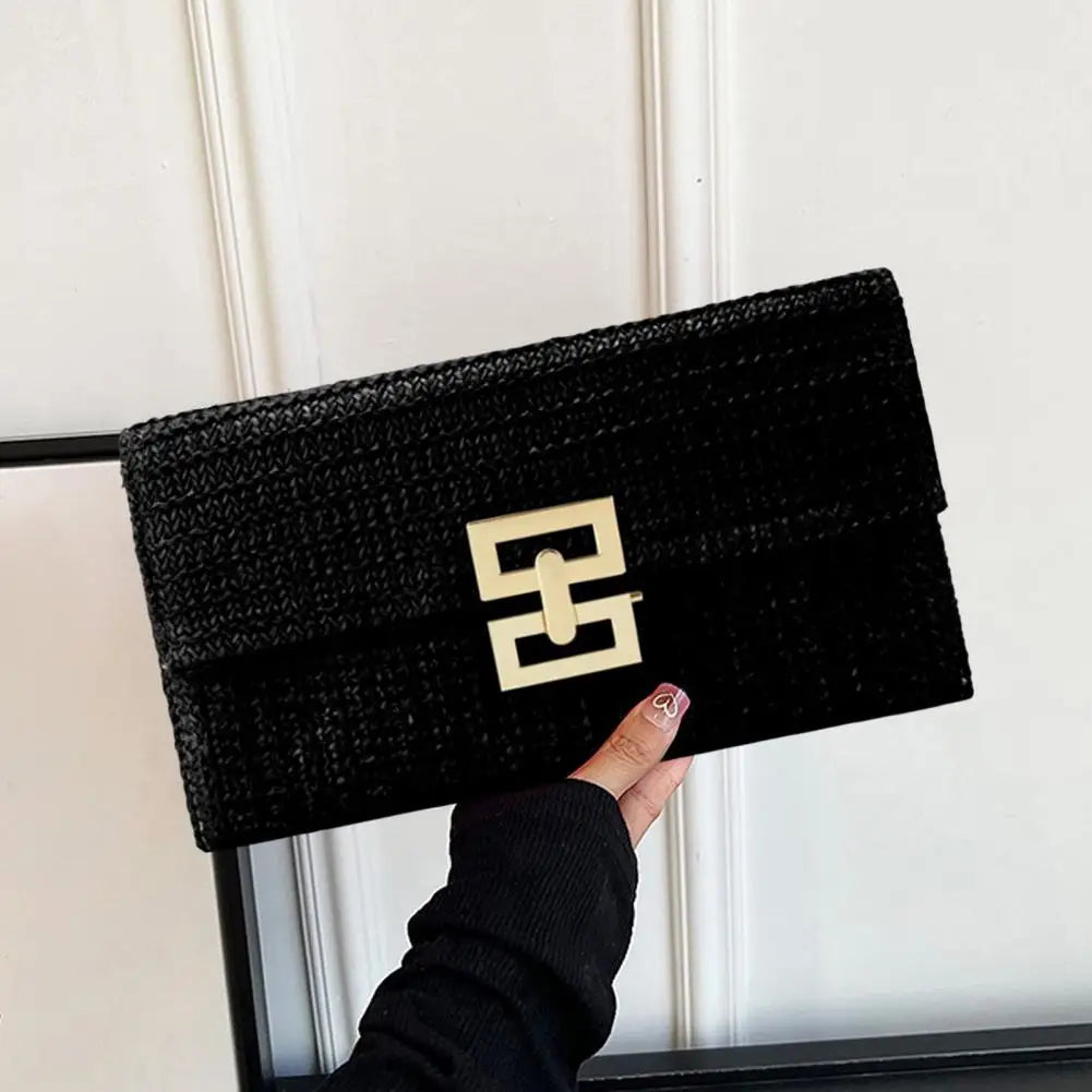 Foldable Women Clutch Bag Envelope Shape Portable Bohemian Style Clutch Double-layer Straw Braided Summer Beach Vacation Handbag