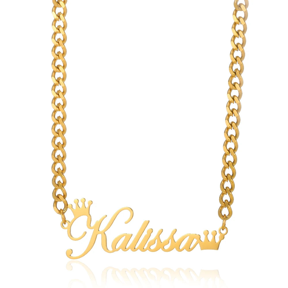 Custom Gold Color Crown Name Necklace Women Men Jewelry Stainless Steel Personalized Any Patterns Nameplate Necklace Best Gifts