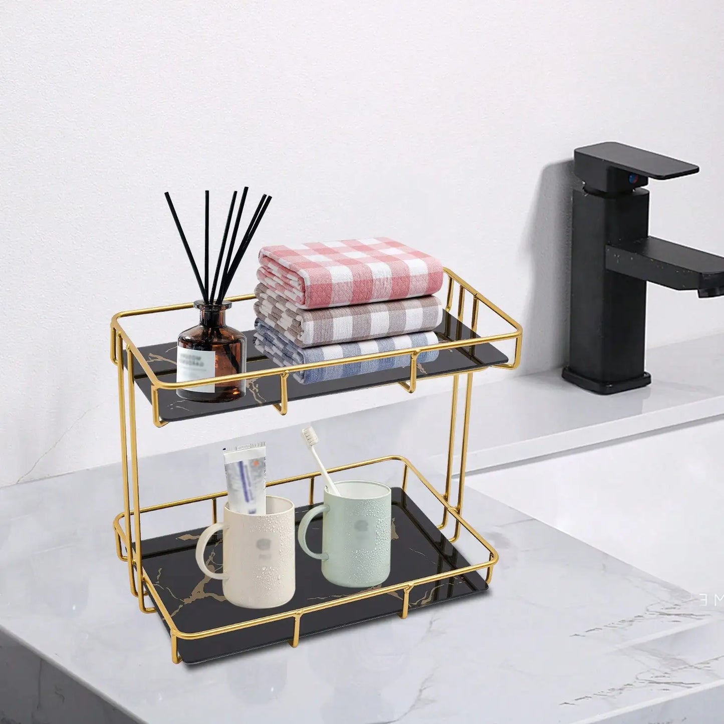 Black/White 2 Tier Bathroom Organizer Countertop Perfume Makeup Organizer Cosmetics Storage Display Rack Vanity Tray Dresser