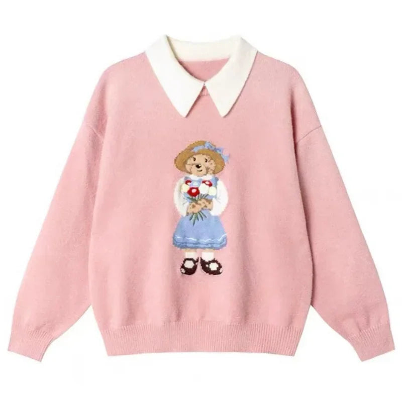 High Quality Embroidery POLO Neck Sweaters Korean Sweet Cute Bear Cartoon Jumper Pullover Winter Fashion Women Loose Casual Tops
