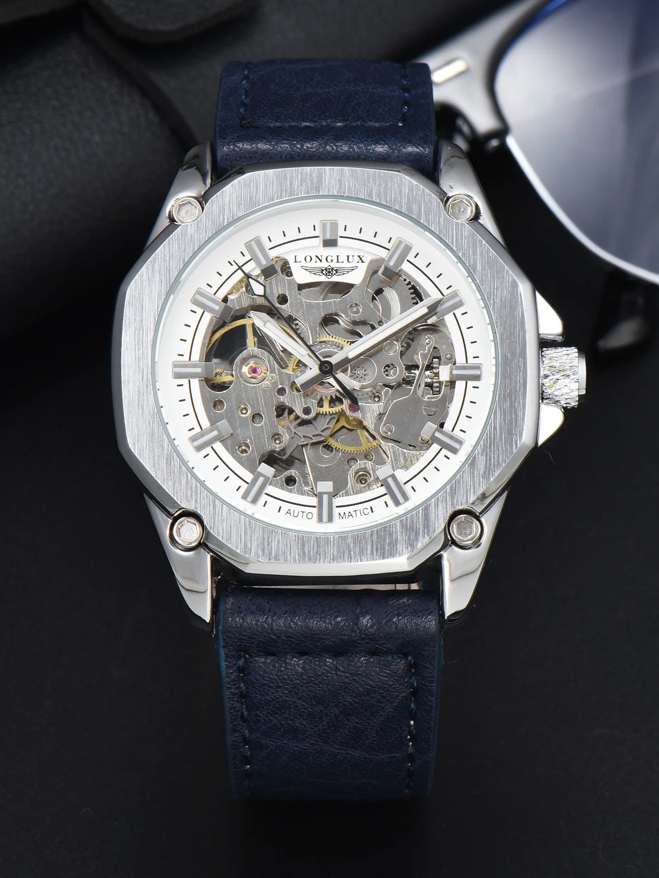 LONGLUX automatic watch sport style wholesale mechanical wristwatches fashion hollow leather mens watch men gift