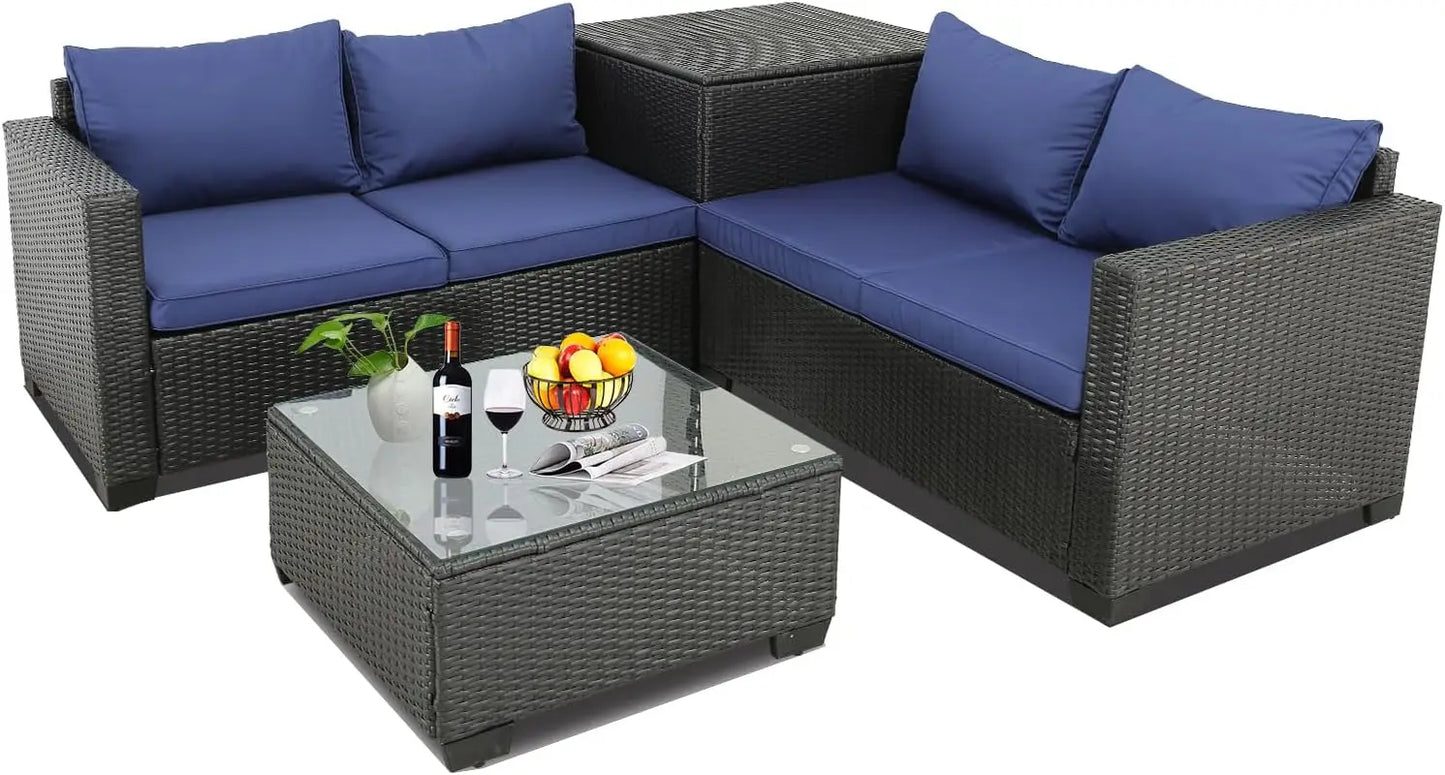 Outdoor Courtyard Furniture Set, Willow Sofa with Cushions and Coffee Table, Garden Outdoor Sofa Set, 4 Pcs