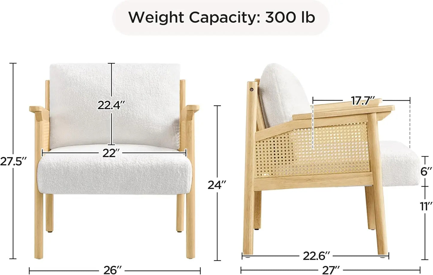 Accent Chair, Boucle Vanity Chair with Rattan Back Arms, Mid Century Chair Upholstered Living Room Chair Lounge Chair Bedroom