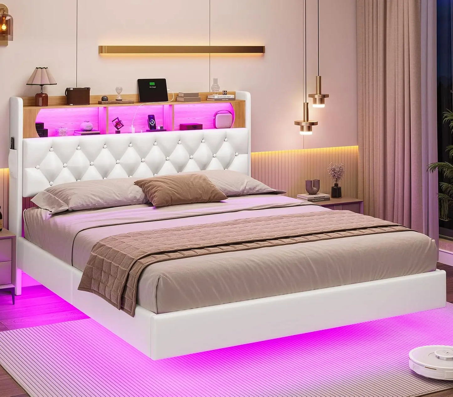 Full Bed Frame with LED Lights & Storage Headboard, Floating Platform Bed with Charging Station, Modern LED Floating Bed