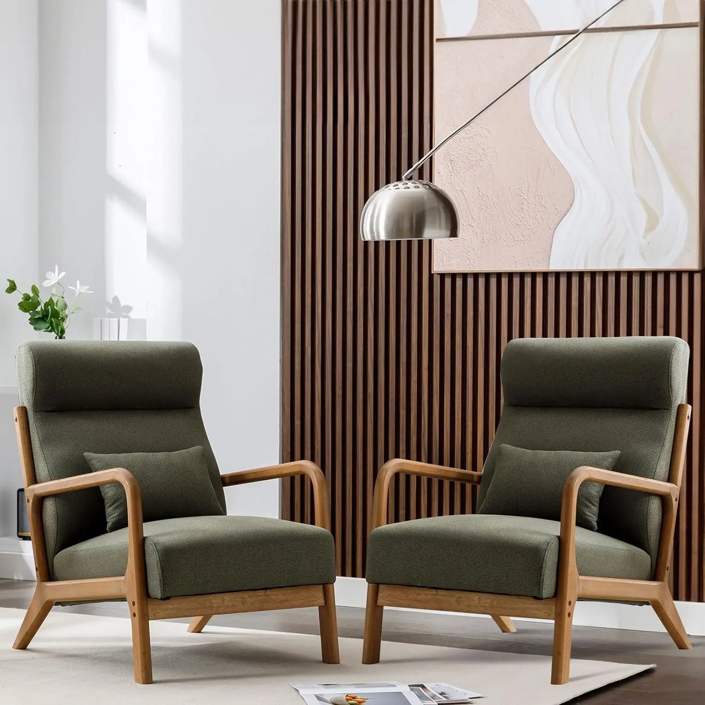 Mid Century Modern Accent Chairs Set of 2, Single Fabric Lounge Reading Armchair with Solid Wood Frame,Easy Assembly Arm Chairs