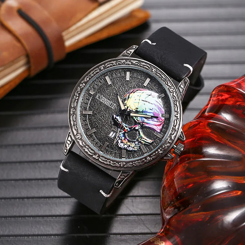 UTHAI BK149 Antique Bronze Colorful Skull Head Retro Men's Watch Casual Fashion Cool Calendar Waterproof Quartz Watch