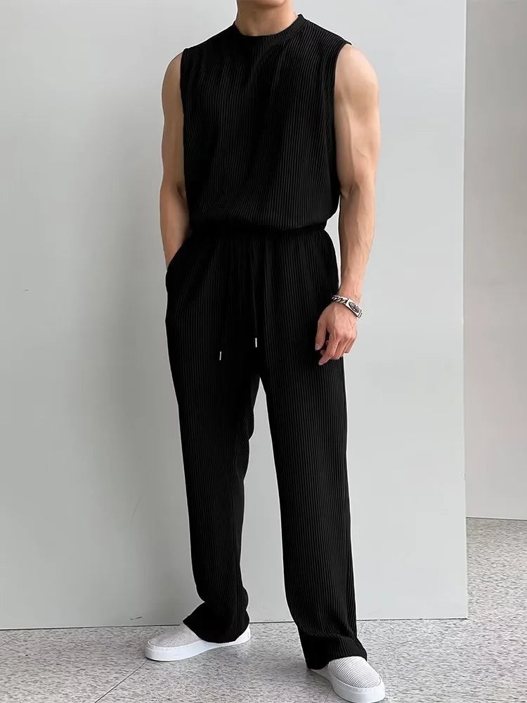 Ice Silk Men's Summer Ruffian Tracksuits Handsome Fashion Vest Sleeveless T-shirt And Pants Two Piece Set Men Elegant Suit