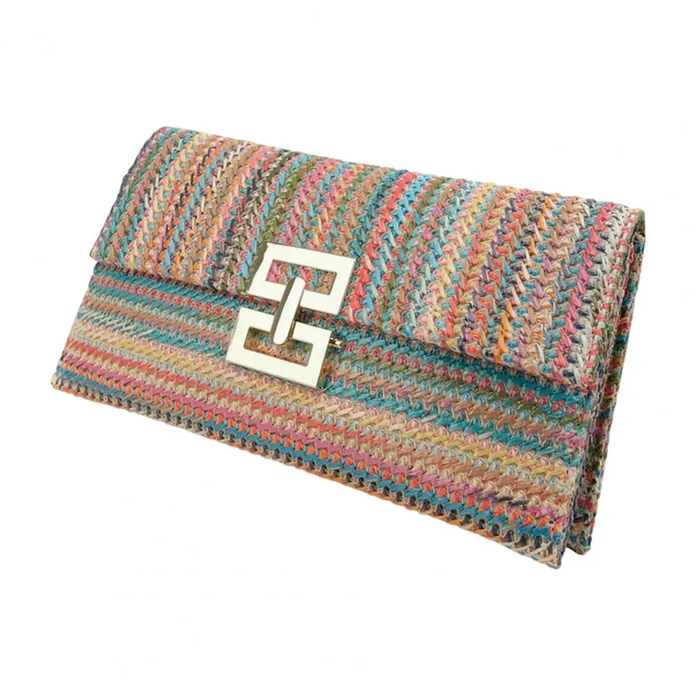 Foldable Women Clutch Bag Envelope Shape Portable Bohemian Style Clutch Double-layer Straw Braided Summer Beach Vacation Handbag