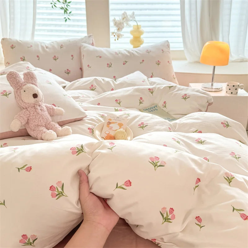 Pink Floral Printed Duvet Cover with Pillowcase Single/Queen/King Duvet Cover Sets Super Soft Bedding Sets for Double Beds