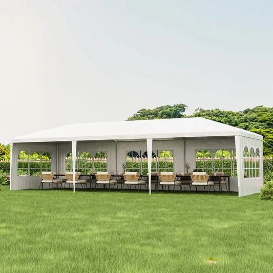 10x30 Ft Heavy Duty Party Awning, Large White Event Tent with 6 Sidewalls & 2 Zippered Door,for Patio, Backyard,Parties