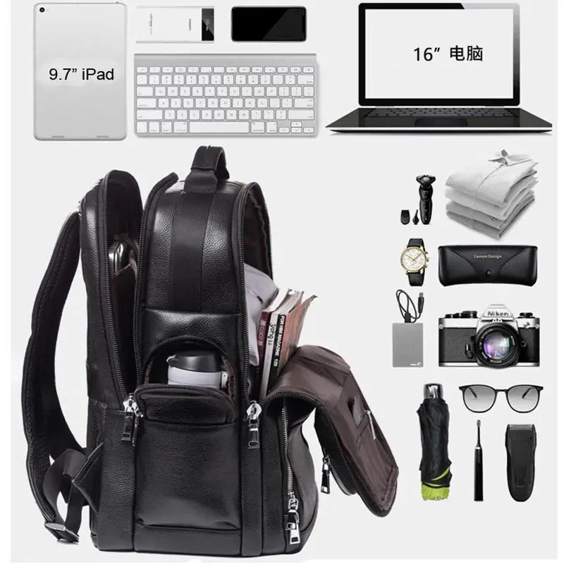 Genuine Leather Backpack USB charging Men Women Waterproof Black Laptop Daypack Student Schoolbag Big man Travel Rucksack