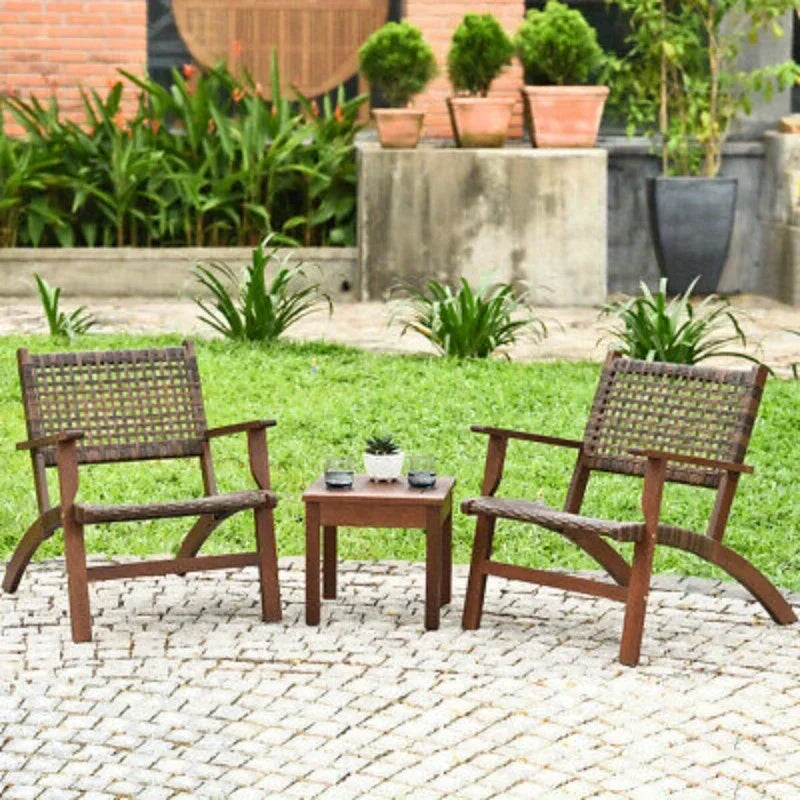 3PCS outdoor terrace rattan furniture set solid wood frame chair coffee table