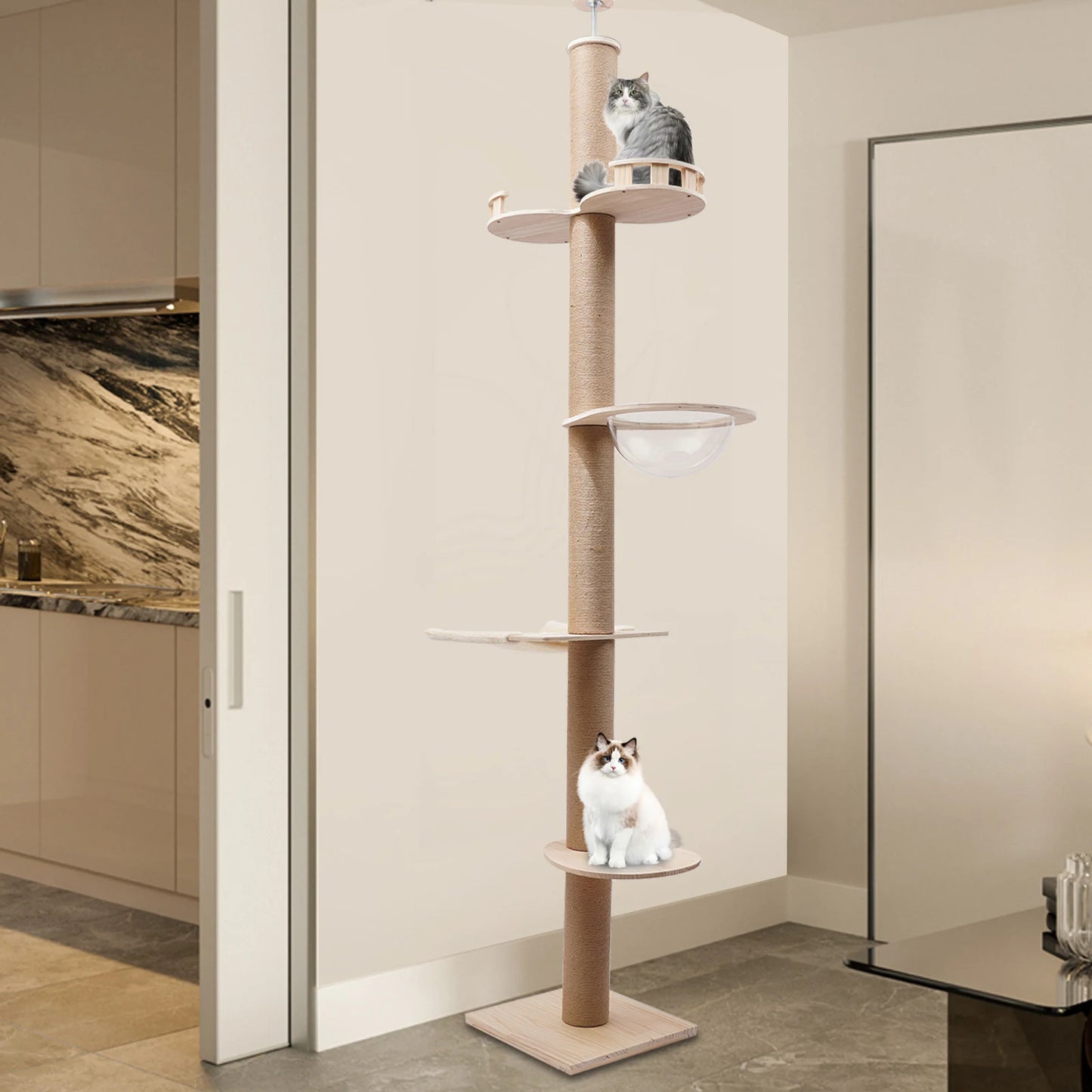 4 Tiers Cat Tree with Natural Sisal Rope Scratching Post Floor-to-Ceiling Cat Climbing Tower Adjustable Height