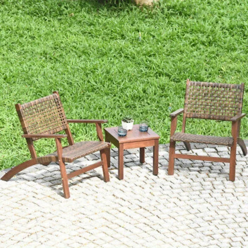 3PCS outdoor terrace rattan furniture set solid wood frame chair coffee table