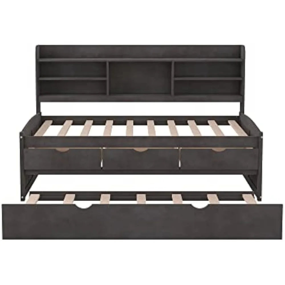 Twin Captain Bed, Twin Beds with Trundle and Storage Drawers Wood Daybed Frame Bookcase Headboard Slats Support for Boys Girls