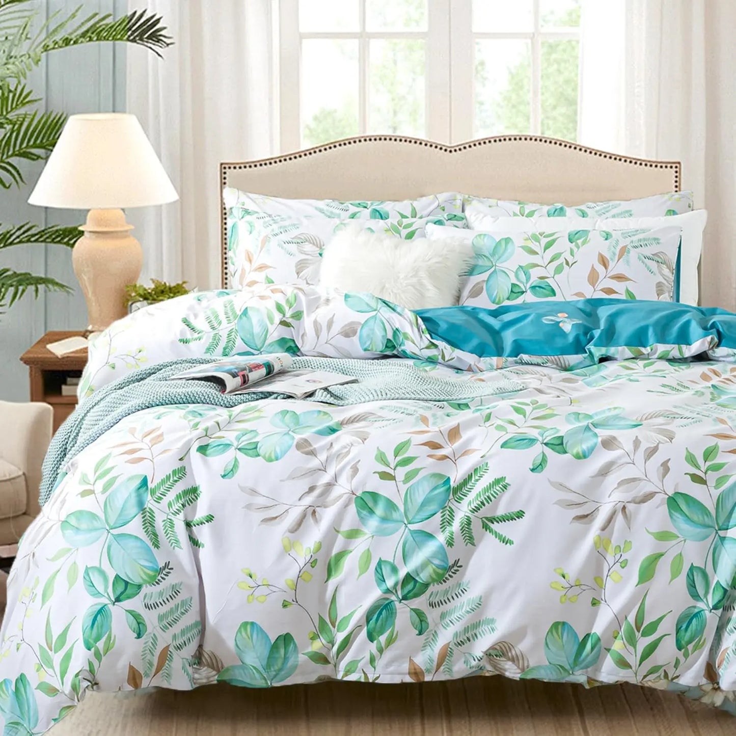 Floral Duvet Cover Queen 100% Cotton Blue Green Farmhouse Bedding Super Soft Reversible Striped Country Bed Purple Hydrangea