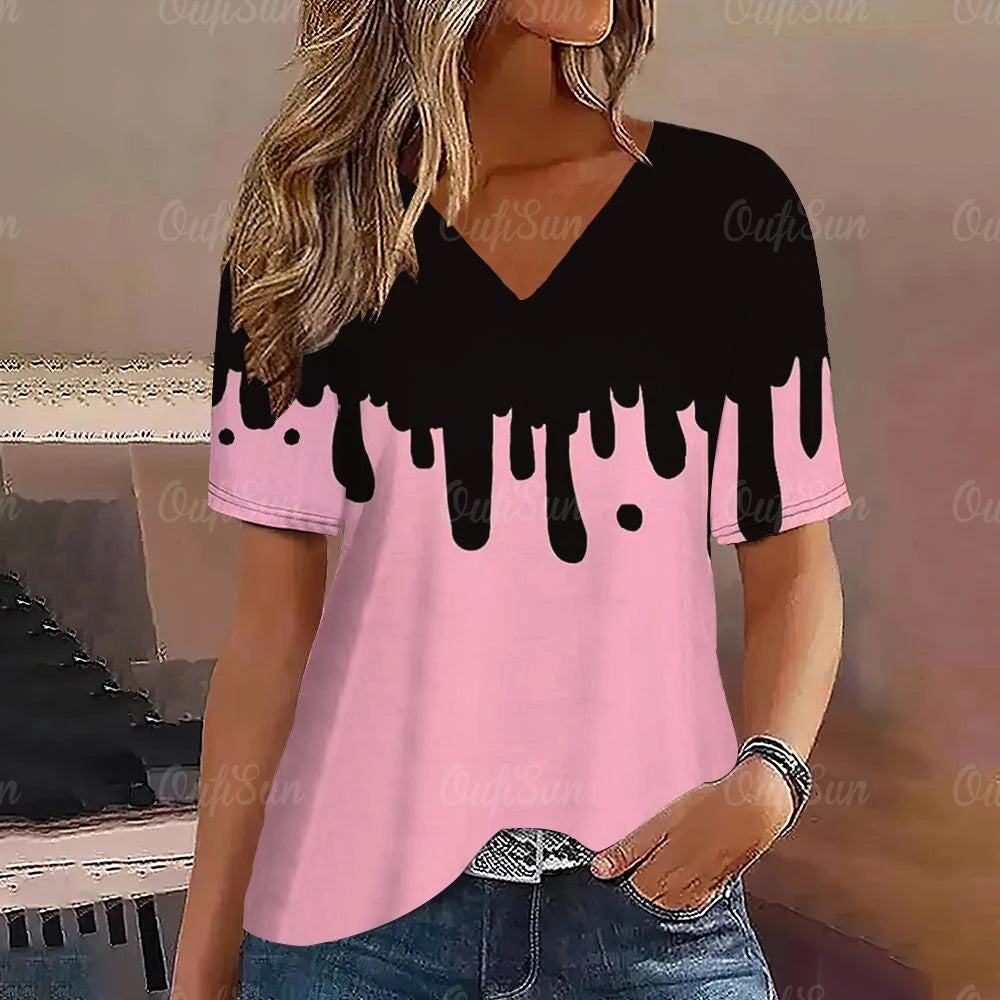 Gradient V Neck Short Sleeve T-Shirt Fashion Women T Shirt Print Basic Tops Streetwear Summer Oversized Clothing Female T-Shirts