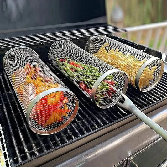 Stainless Steel BBQ Grill Basket Wire Mesh Cylinder Portable Round Grill Basket Barbecue Rack Outdoor Camping fumigator tasty