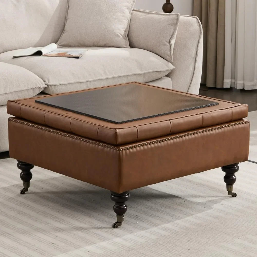 Large Square Storage Ottoman Uphlostered Tufted Button Coffee Table, Oversized Footrest Bench with Castered Rolling Wheels