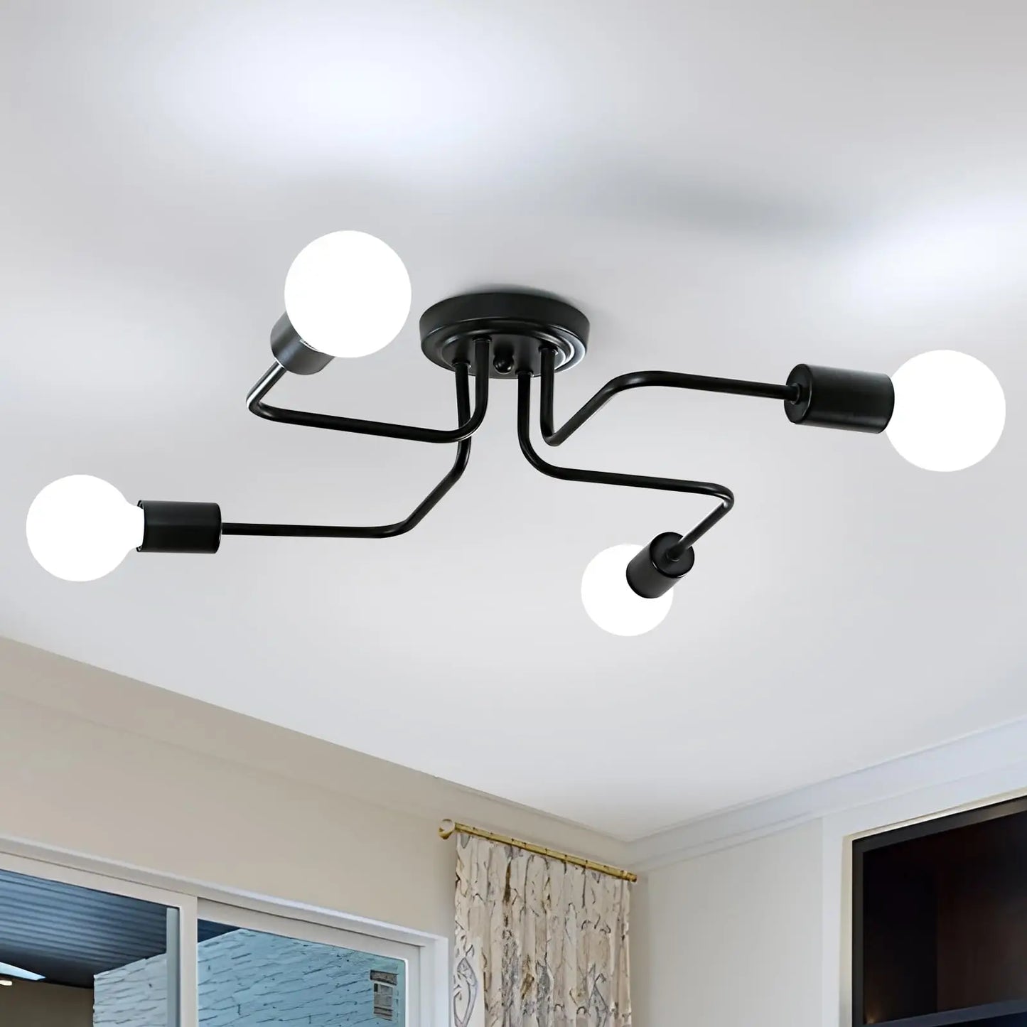 Sputnik Chandelier - 4-Light Black Sputnik Semi Flush Mount Ceiling Light, E26 Mid Century Ceiling Lamp for Bedroom, Living Room