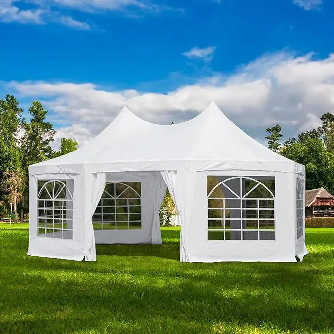 Party Tent, White Wedding Tent, Decagonal Heavy Duty Canopy with 8 Removable Sidewalls, 8 Church Windows and 2 Pull-Back Doors